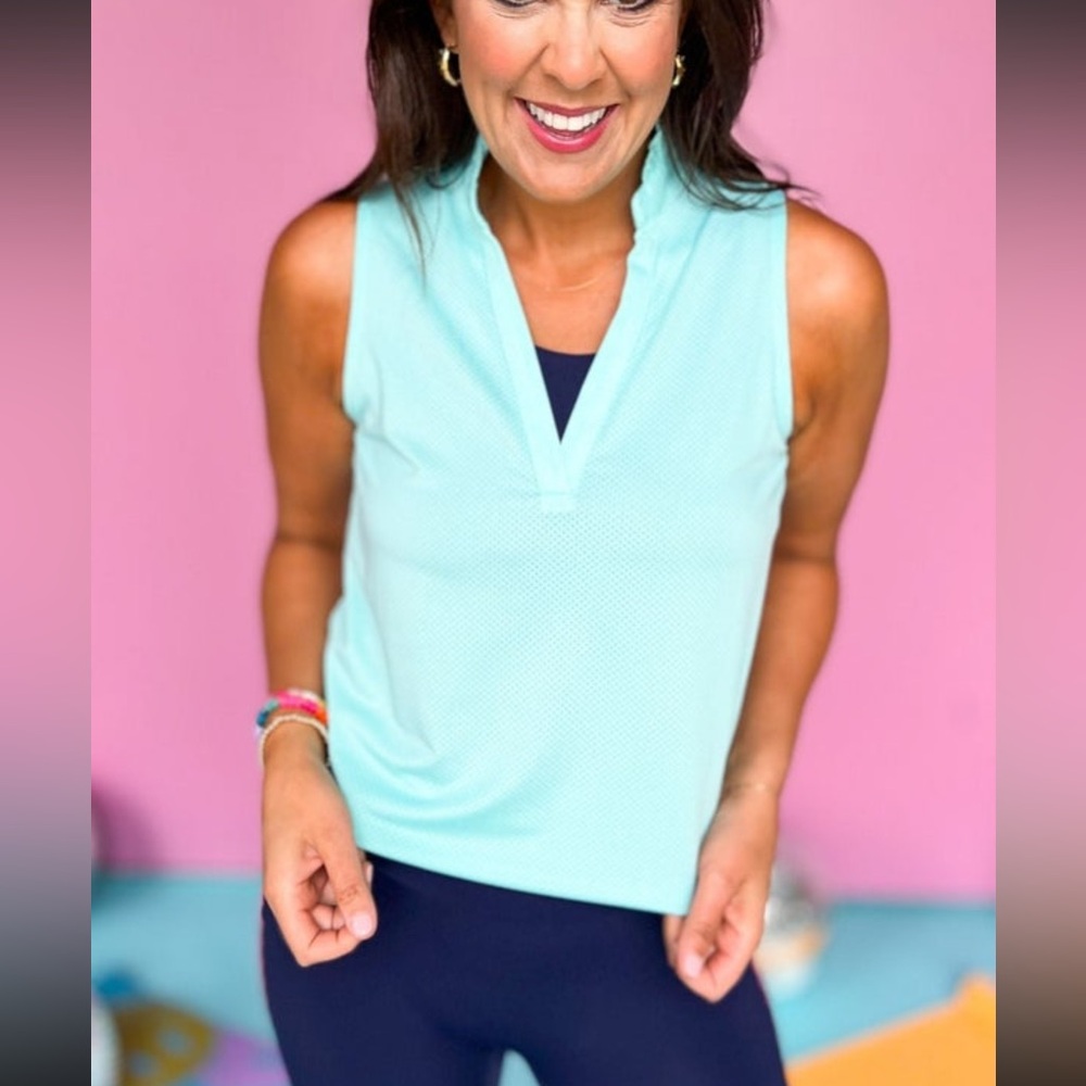 SSYS Aqua OR Bright Melon Sleeveless Frill V Neck Active Top - Picture 3 of 10